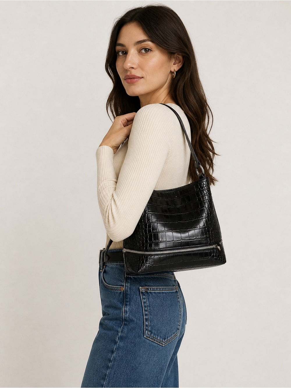 Tommy Hilfiger Black Croc-Embossed Shoulder Tote